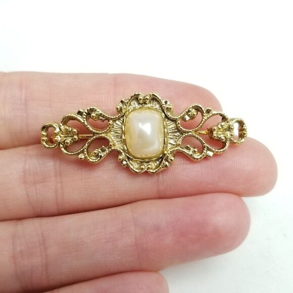 Vintage Gold Tone and Faux Pearl Bar Brooch, Scroll Filigree Style Lapel Pin - Picture 2 of 6